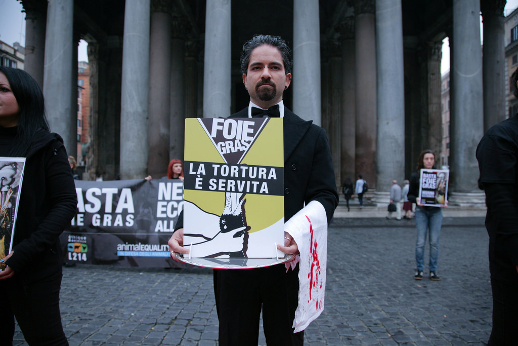 Un momento della protesta contro il foie gras di fronte al Pantheon di Roma